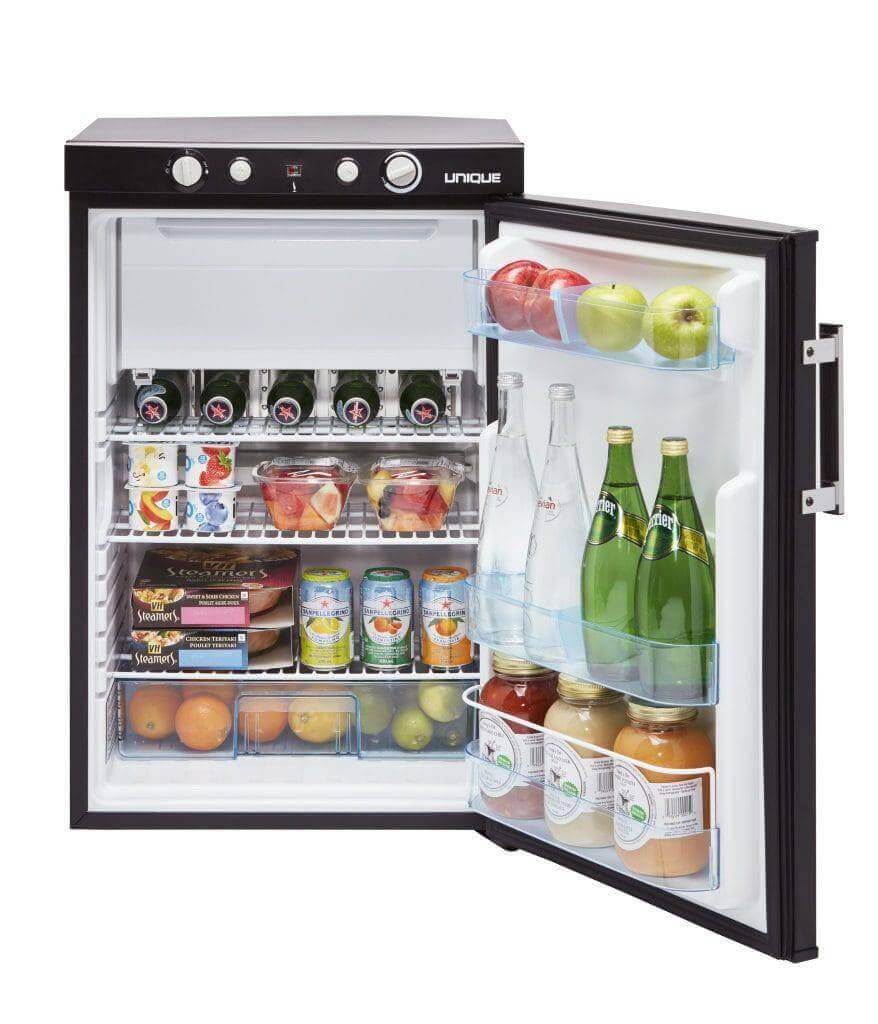 Unique 3 Cu/Ft 110V/12V Propane Fridge With Freezer, Available at Cabin Depot - Open View Showing Shelves and Storage