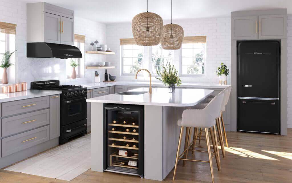 Modern kitchen design with retro black refrigerator and built-in wine cooler, featuring natural lighting and elegant decor.