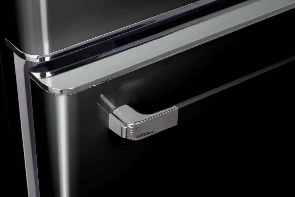 Close-up of handle on 18 Cu/Ft Classic Retro Bottom Mount Refrigerator in black, available at Cabin Depot.