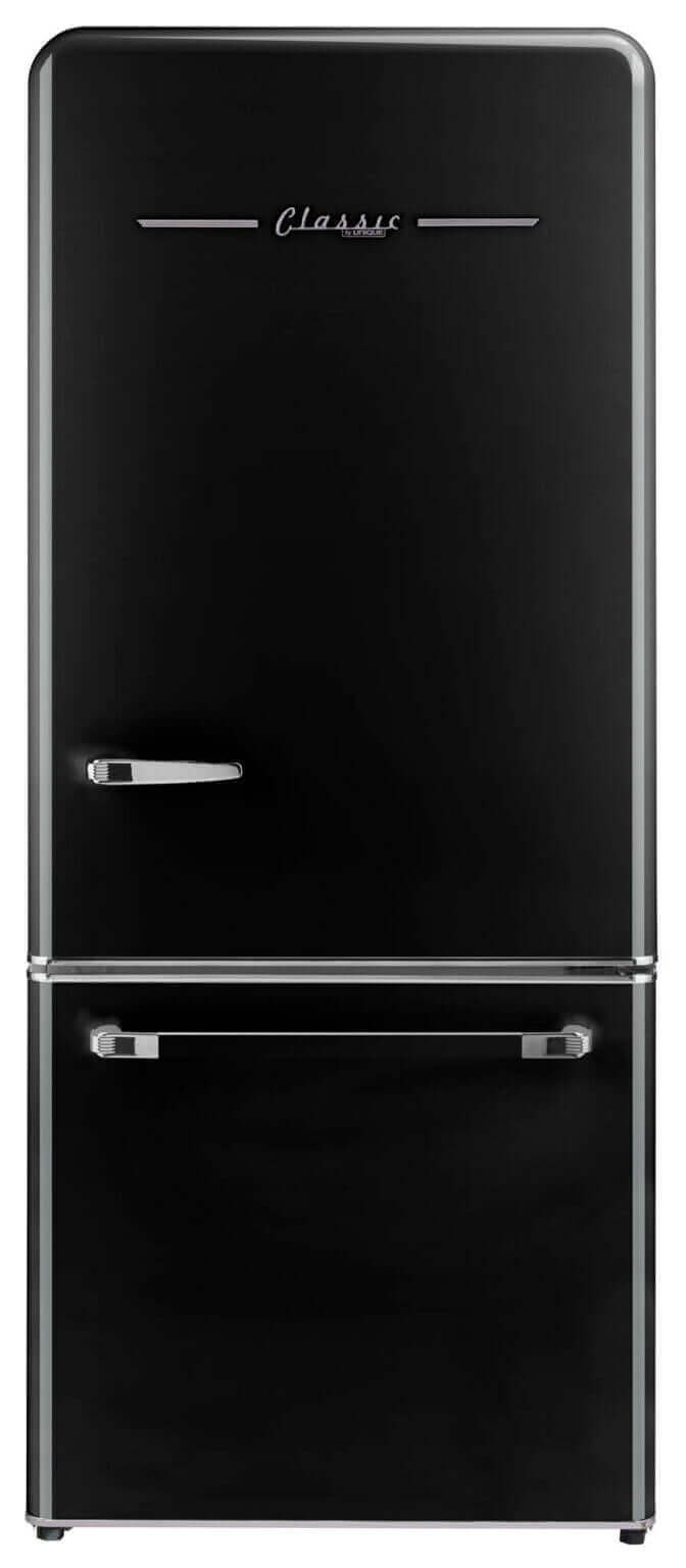 Unique 120V 18 Cu/Ft Classic Retro Bottom Mount Refrigerator in Black, energy-efficient design by Cabin Depot.