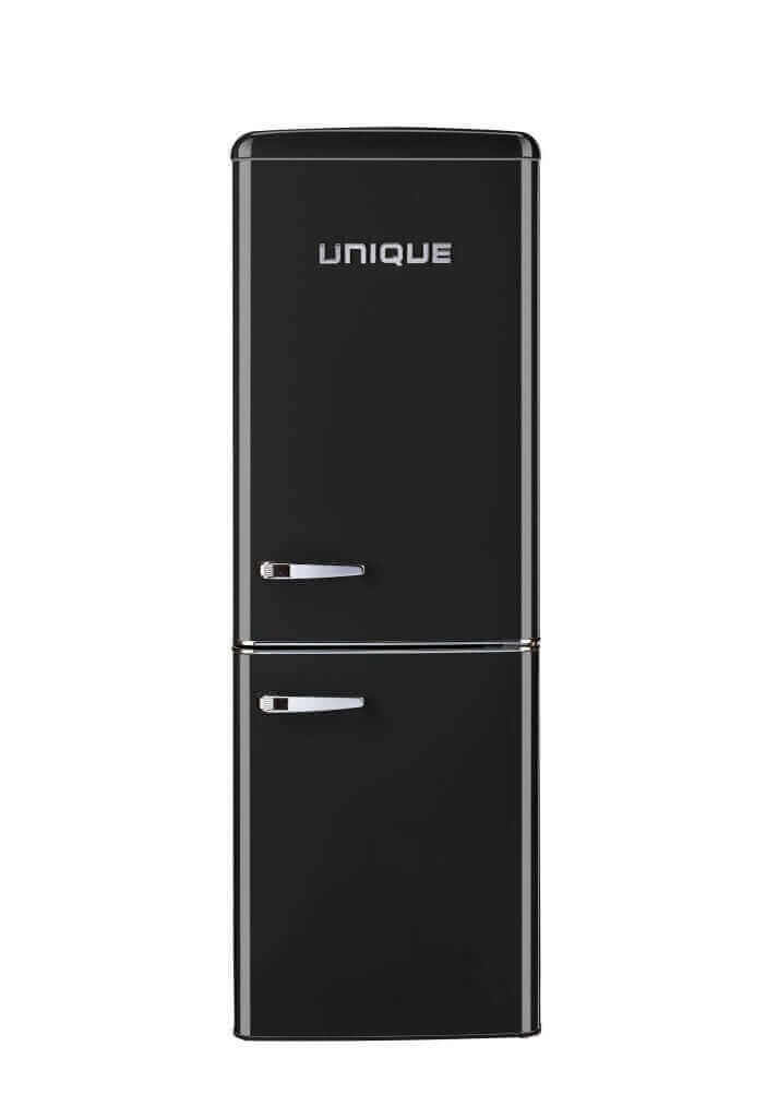 Unique 9 cu/ft bottom mount retro refrigerator in black, available at Cabin Depot. Ideal for grid-tied and off-grid applications.