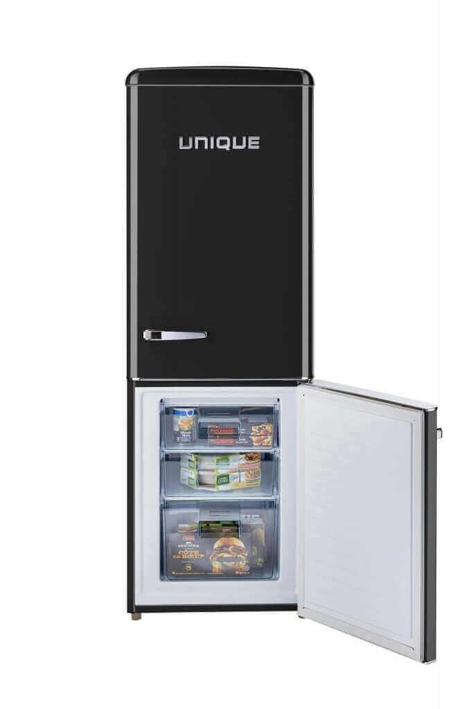 Unique 9 Cu/Ft Retro Bottom Mount Refrigerator with open door, available at Cabin Depot for grid-tied homes, black finish.
