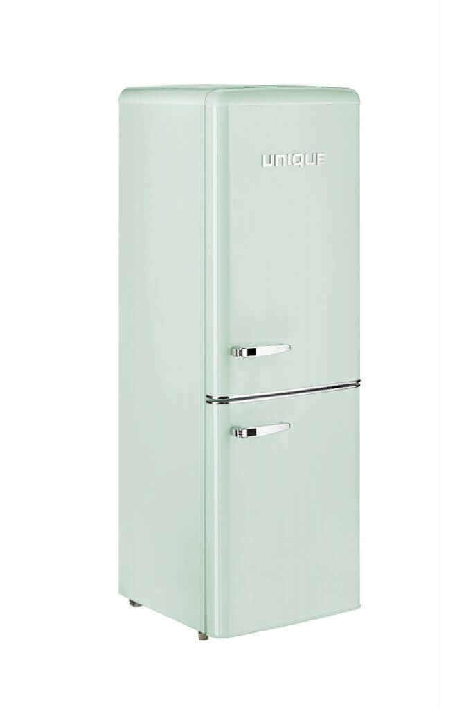 Unique 9 Cu/Ft Bottom Mount Retro Refrigerator in mint green, energy-efficient for off-grid use, available at Cabin Depot.