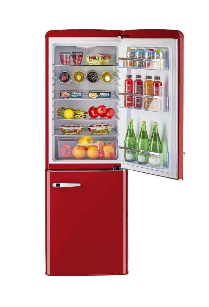 Unique 9 Cu/Ft Retro Bottom Mount Refrigerator in red with open door showing shelves stocked with food and drinks, by Cabin Depot.