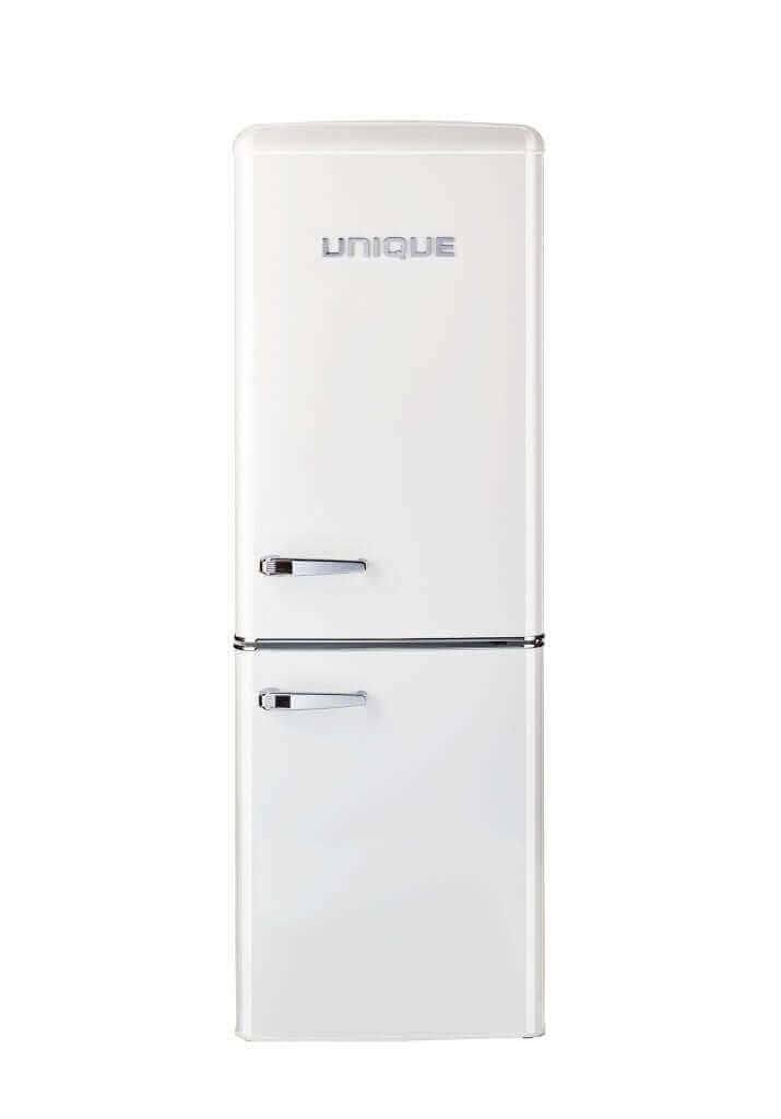 Unique 9 Cu/Ft Bottom Mount Retro Refrigerator from Cabin Depot, energy efficient for grid-tied and off-grid homes, white finish.