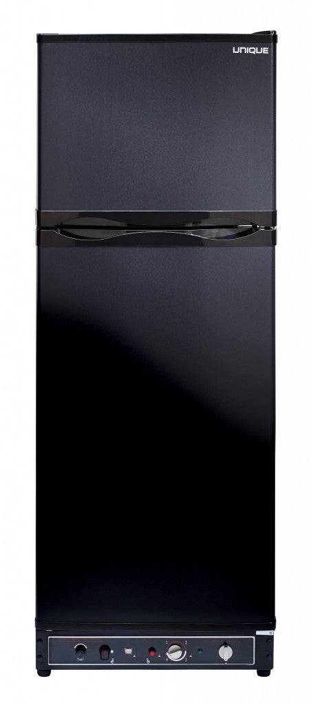 Unique 8 Cu/Ft Black Propane Fridge with Freezer, available at Cabin Depot, features a spacious 1.7 cu/ft freezer for added convenience.
