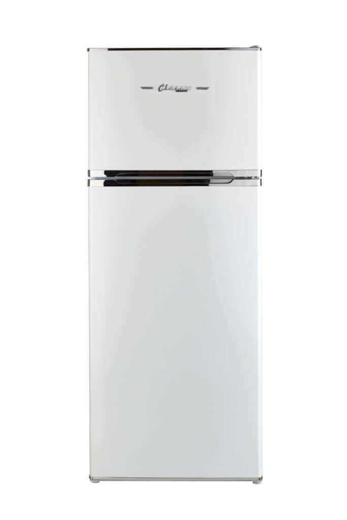 Unique 14 Cu/Ft Classic Retro Solar DC Fridge in White from Cabin Depot, ideal for off-grid living with a stylish 1950s design.