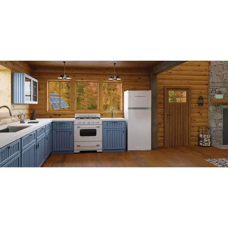 Vintage-style kitchen with Unique Classic Retro Solar DC Fridge - Perfect for off-grid living, available at Cabin Depot.
