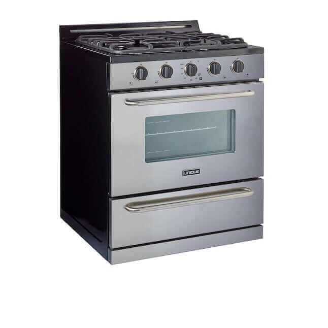 Unique 30-inch Propane Range with Battery Ignition, Stainless Steel, available at Cabin Depot for modern off-grid kitchens.