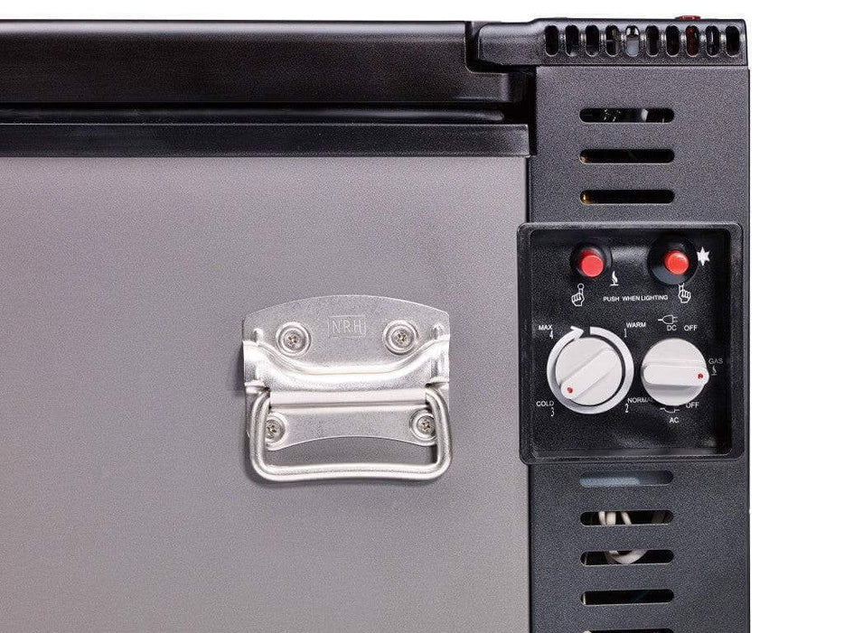 Close-up of the control panel on a Unique 2 CU/FT Propane Chest Freezer from Cabin Depot, highlighting versatile power options.