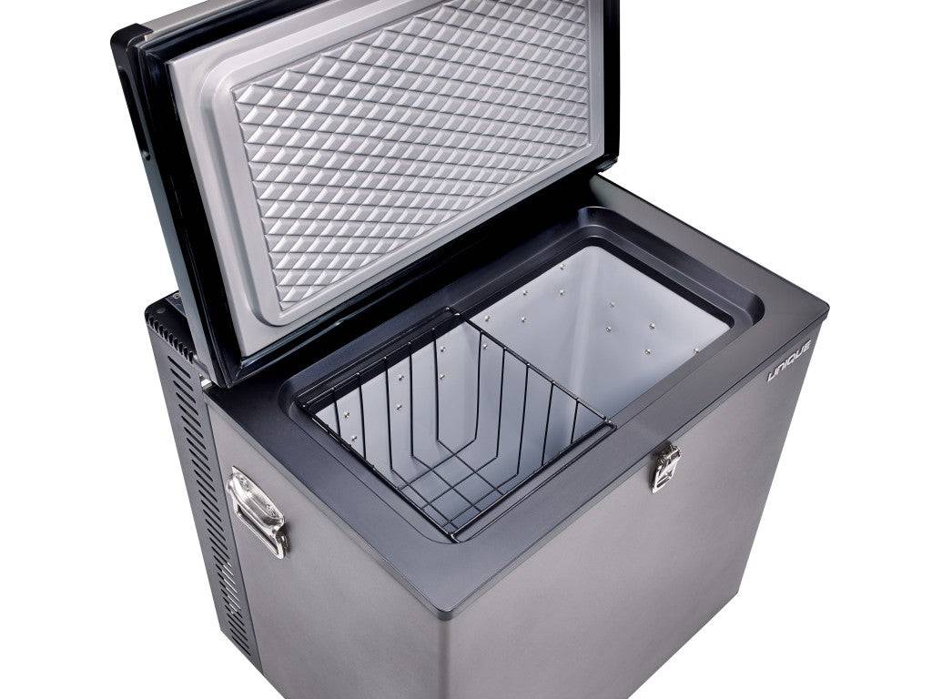UNIQUE 2 CU/FT Propane Chest Freezer open view, featuring versatile 3-way power for cabin use, available at Cabin Depot.