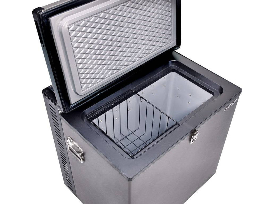 UNIQUE 2 CU/FT Propane Chest Freezer open view, featuring versatile 3-way power for cabin use, available at Cabin Depot.