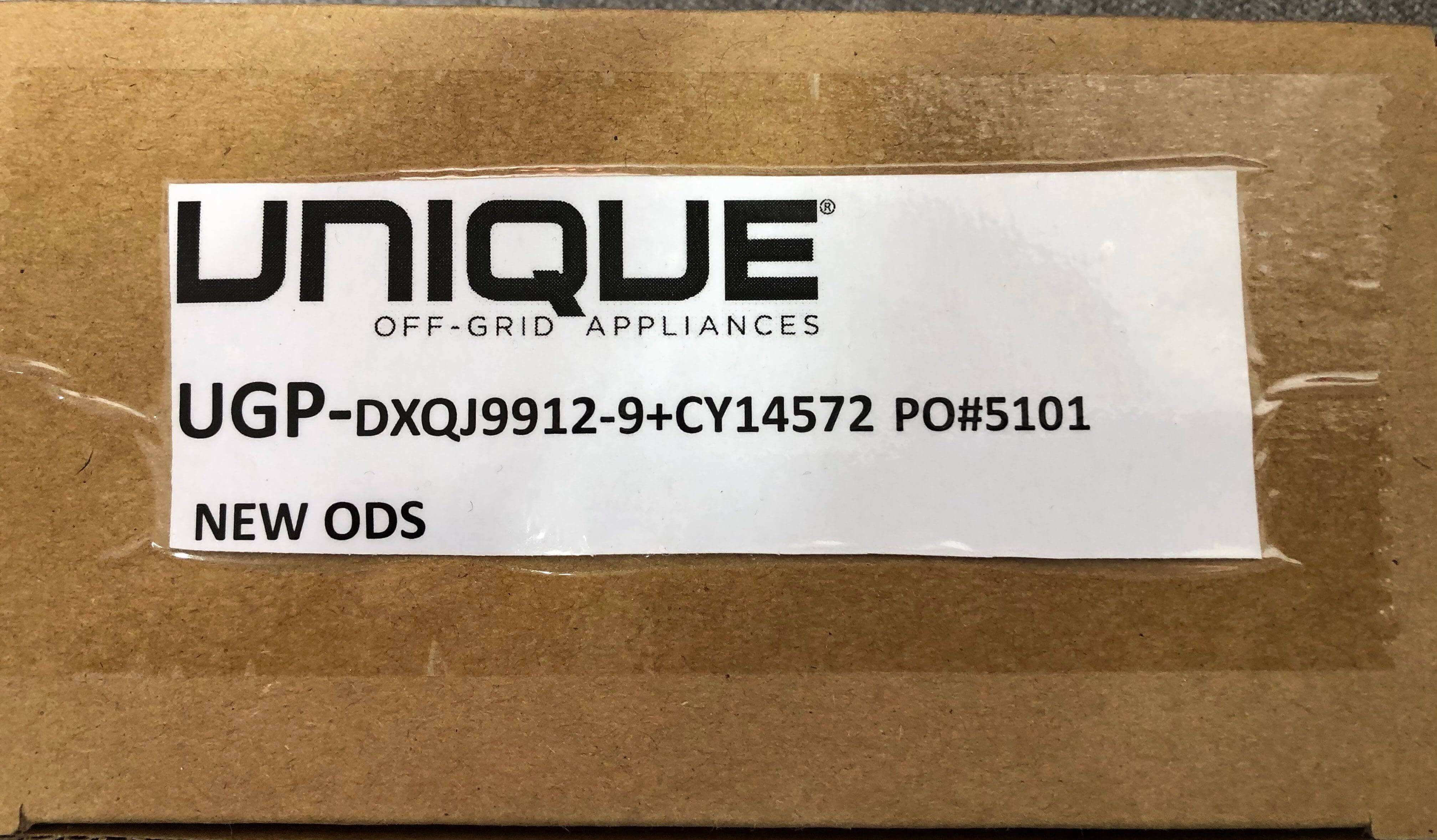 Box labeled Unique Off-Grid Appliances UGP ODS Assembly for Classic Ranges, Cabin Depot.