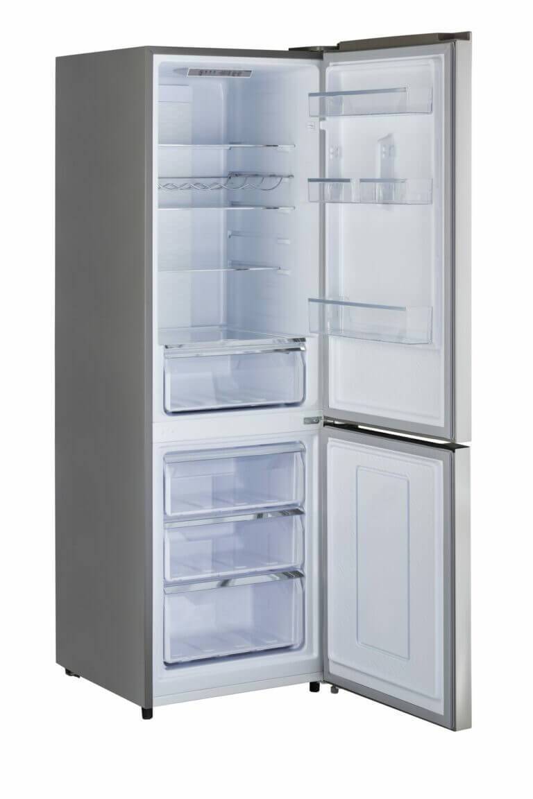 Unique 12 Cu/Ft Prestige stainless steel electric bottom mount refrigerator with open doors, available at Cabin Depot.