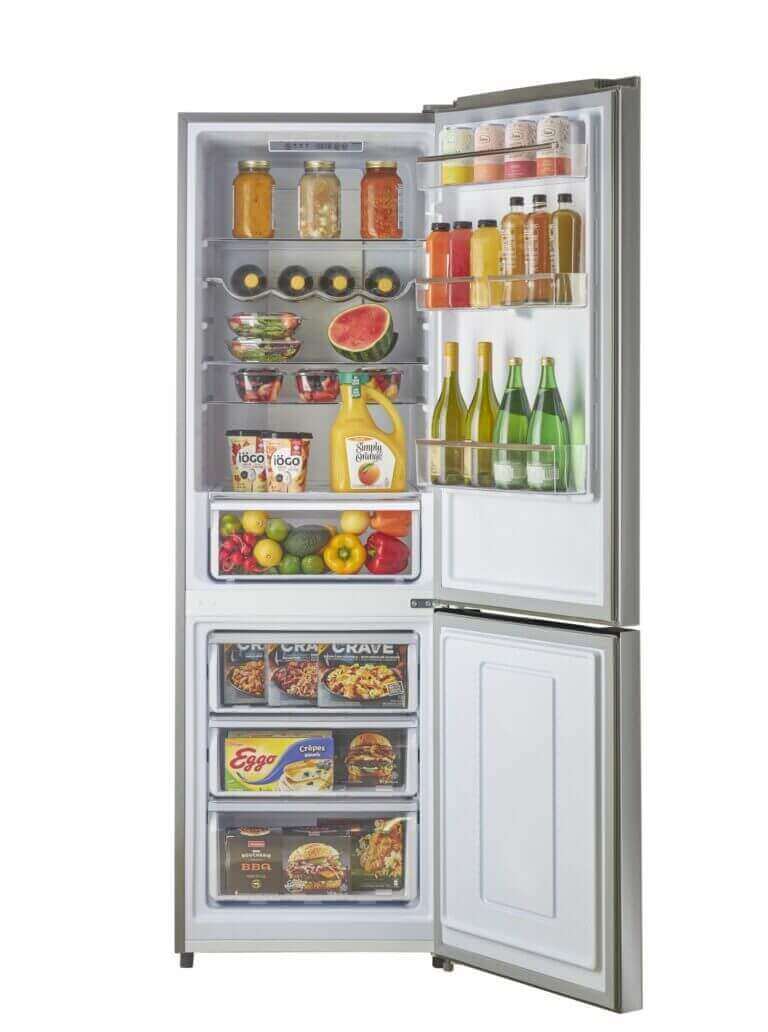 Unique 12 Cu/Ft Prestige Electric Bottom Mount Refrigerator with open doors, showcasing organized food storage, by Cabin Depot.