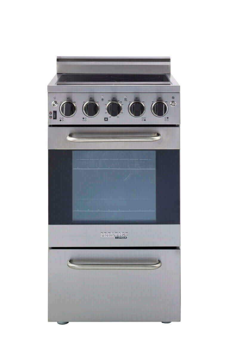 Cabin Depot 20" Prestige Convection Electric Range with smoothtop in stainless steel. Ideal for compact kitchens. Sleek glass cooktop.