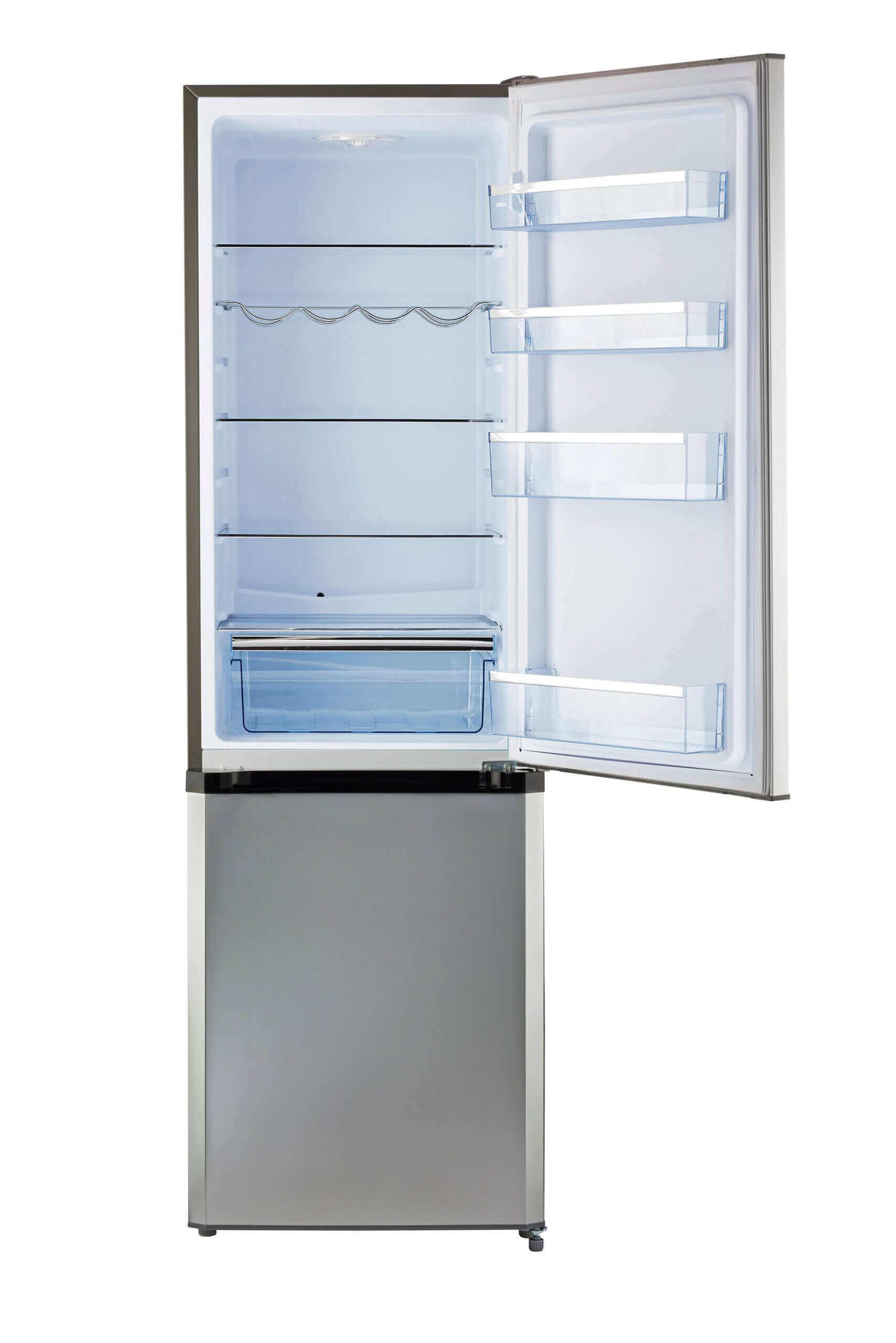 Unique 9 Cu/Ft Prestige Electric Bottom Mount Refrigerator in Stainless Steel, available at Cabin Depot, open view showing interior layout.