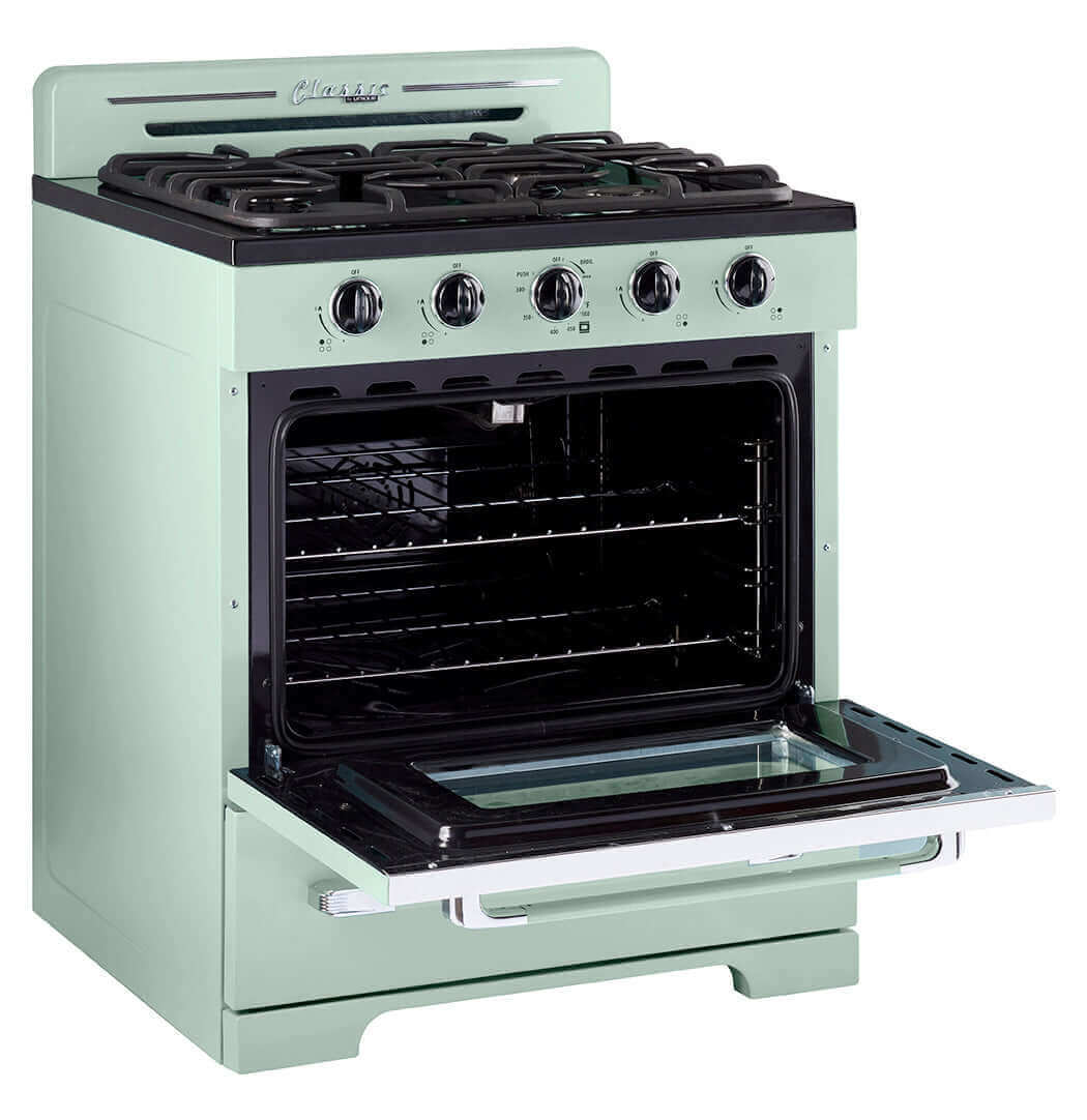 Unique 30" Classic Retro Propane Range, off-grid battery ignition, mint green, available at Cabin Depot