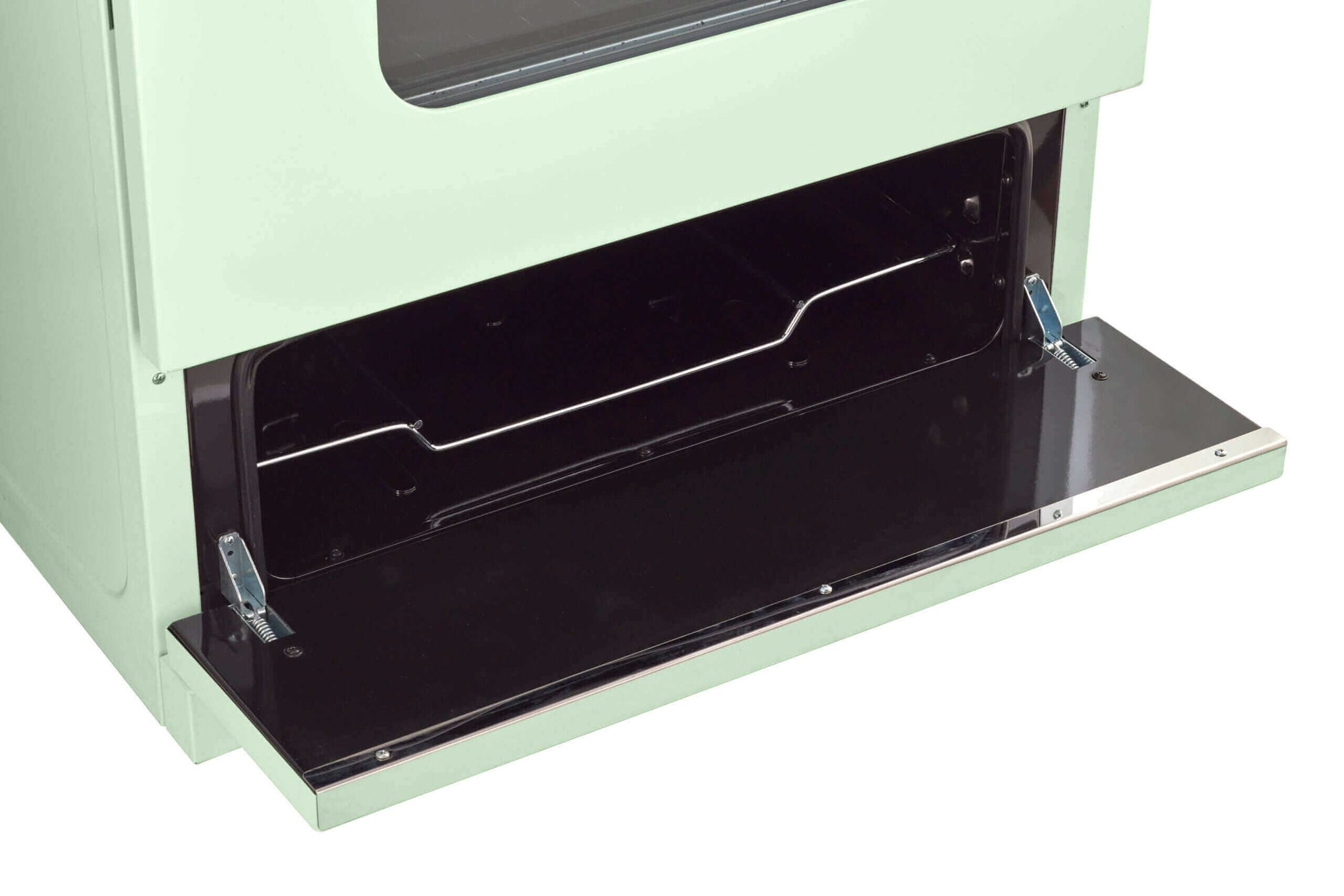 Open lower compartment of Classic Retro Propane Off-Grid Range from Cabin Depot, showcasing 1950s style with battery ignition.