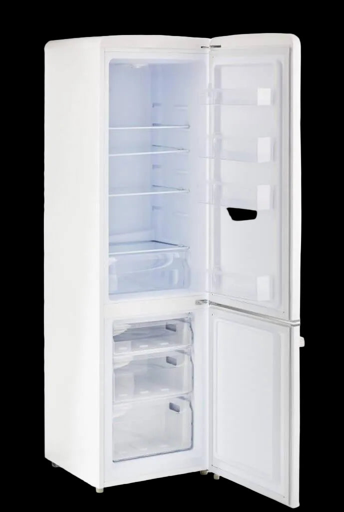 Unique 10 cu/ft 12/24V Classic Retro Solar DC Fridge with Freezer, open view, available at Cabin Depot.