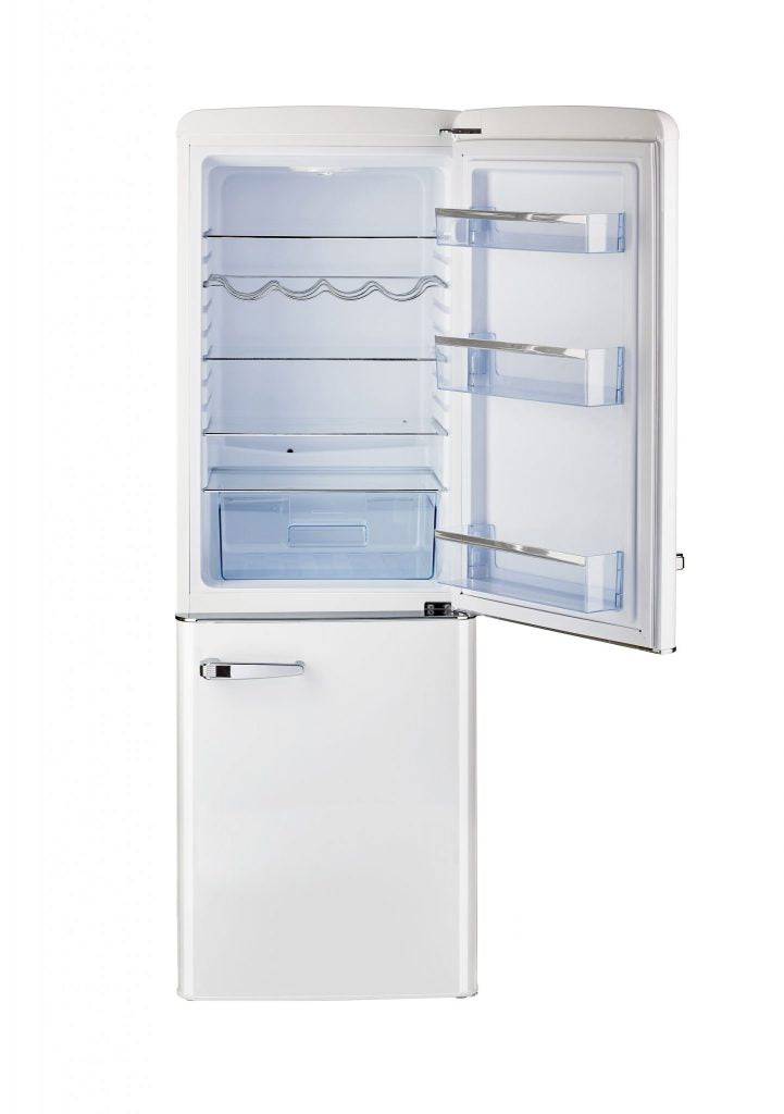 Unique 7 Cu/Ft Retro Bottom Mount AC Refrigerator in Marshmallow White, sold by Cabin Depot, open door view showing interior shelves.