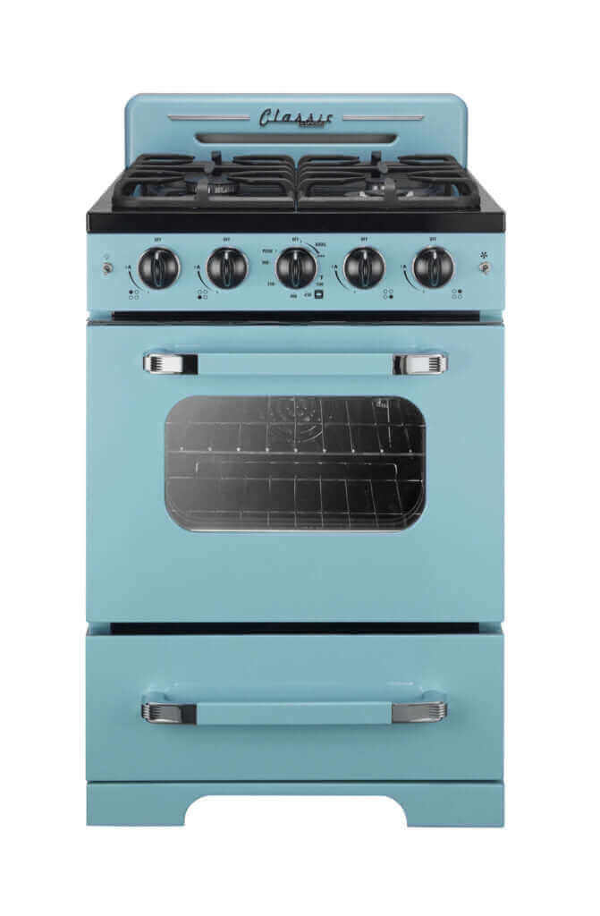 Unique 24 inch Classic Retro Convection Gas Range in vintage blue, available at Cabin Depot for modern kitchens with a retro look.