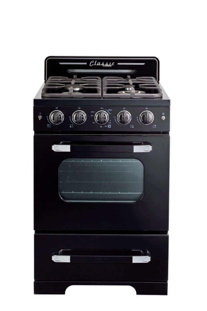 Unique 24" Classic Retro Convection Gas Range from Cabin Depot with iconic 50s design, featuring modern convection technology.