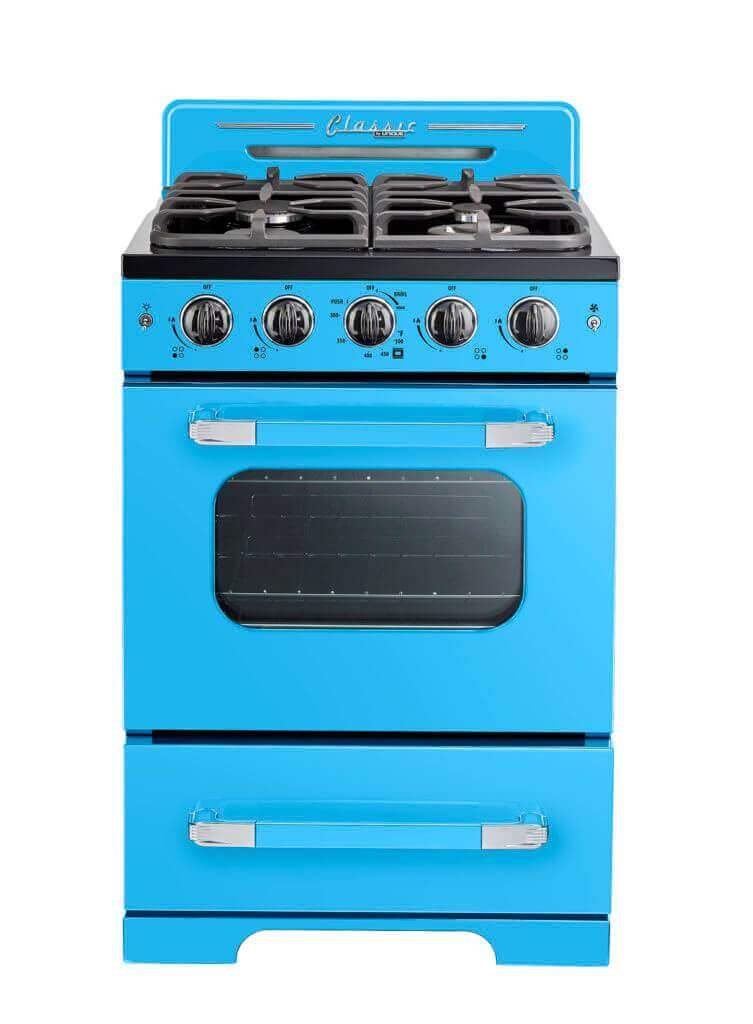 Unique 24" Classic Retro Convection Gas Range in blue by Cabin Depot, vintage 50's design, UGP-24CR.