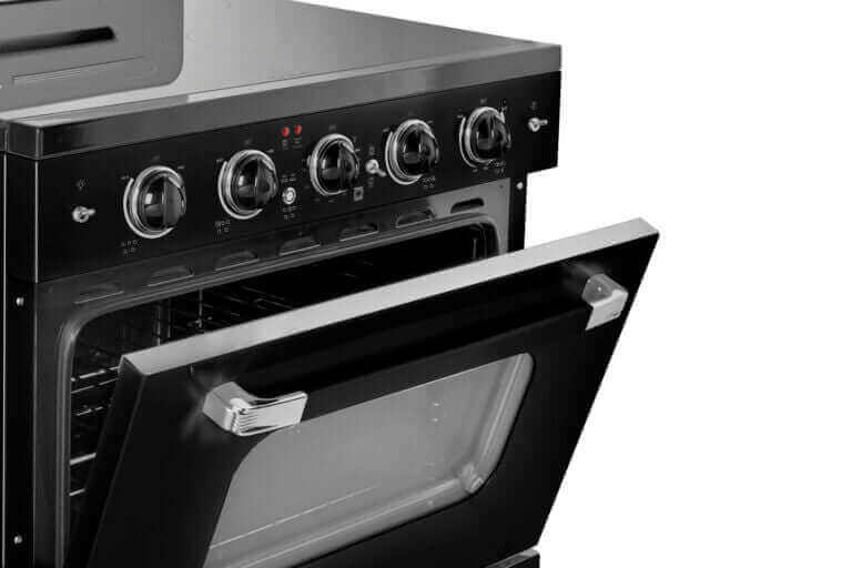 Unique 30" Classic Retro Electric Range with open convection oven from Cabin Depot, showcasing chrome knobs and smooth glass top.