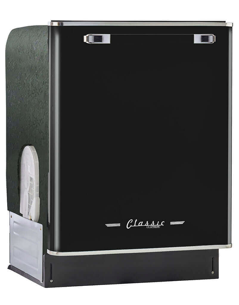 Unique 24" Classic Retro Dishwasher in black, ideal for cabins. Features a 1950s design with chrome accents. Available at Cabin Depot.