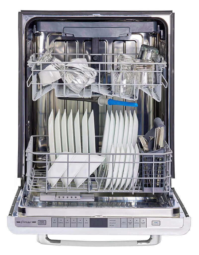 24-inch Unique Classic Retro Dishwasher with chrome accents, available at Cabin Depot. Stylish and quiet with multiple wash cycles.