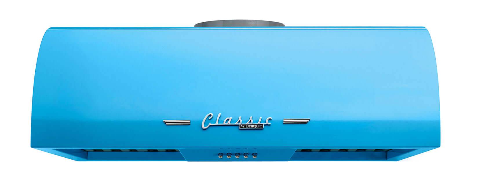 Unique 24" Classic Retro Range Hood in blue, 50s design, powerful motor, perfect for Cabin Depot kitchens.