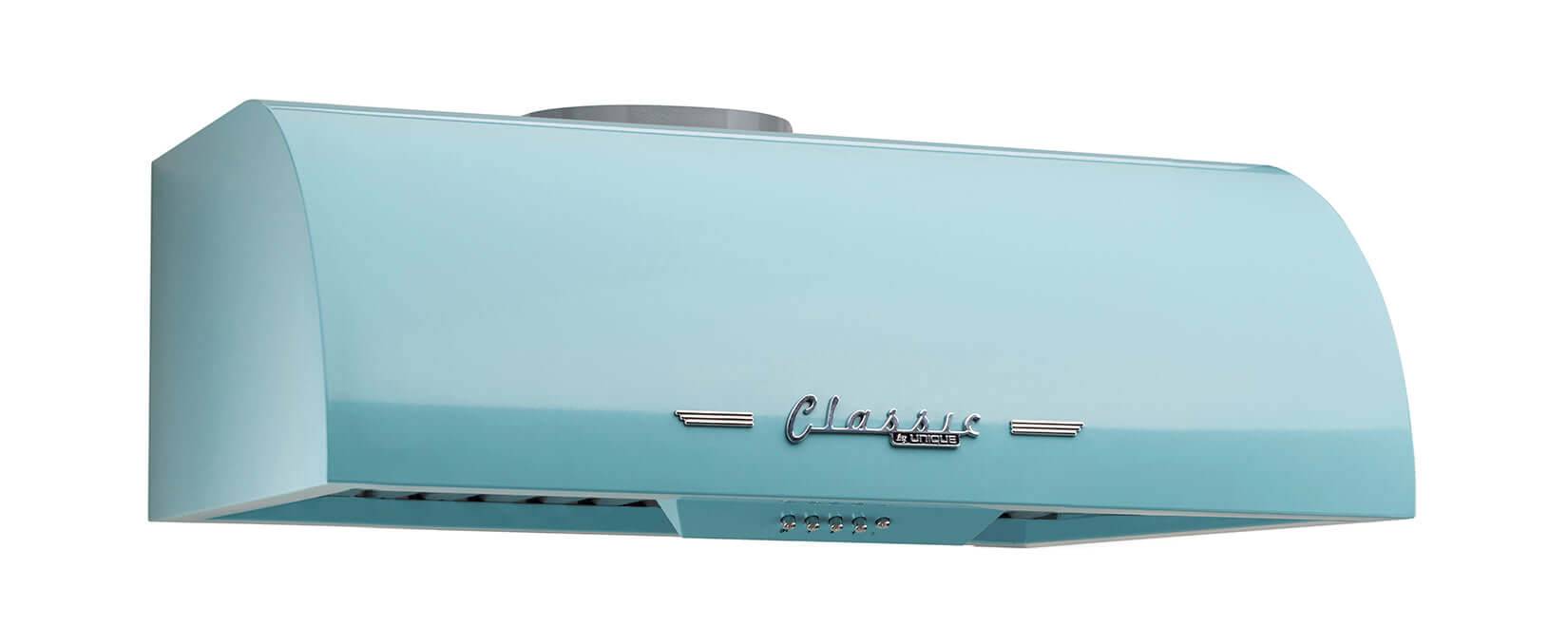 Unique 24" Classic Retro Range Hood in blue. 1950s style kitchen appliance with LED lights, available at Cabin Depot.