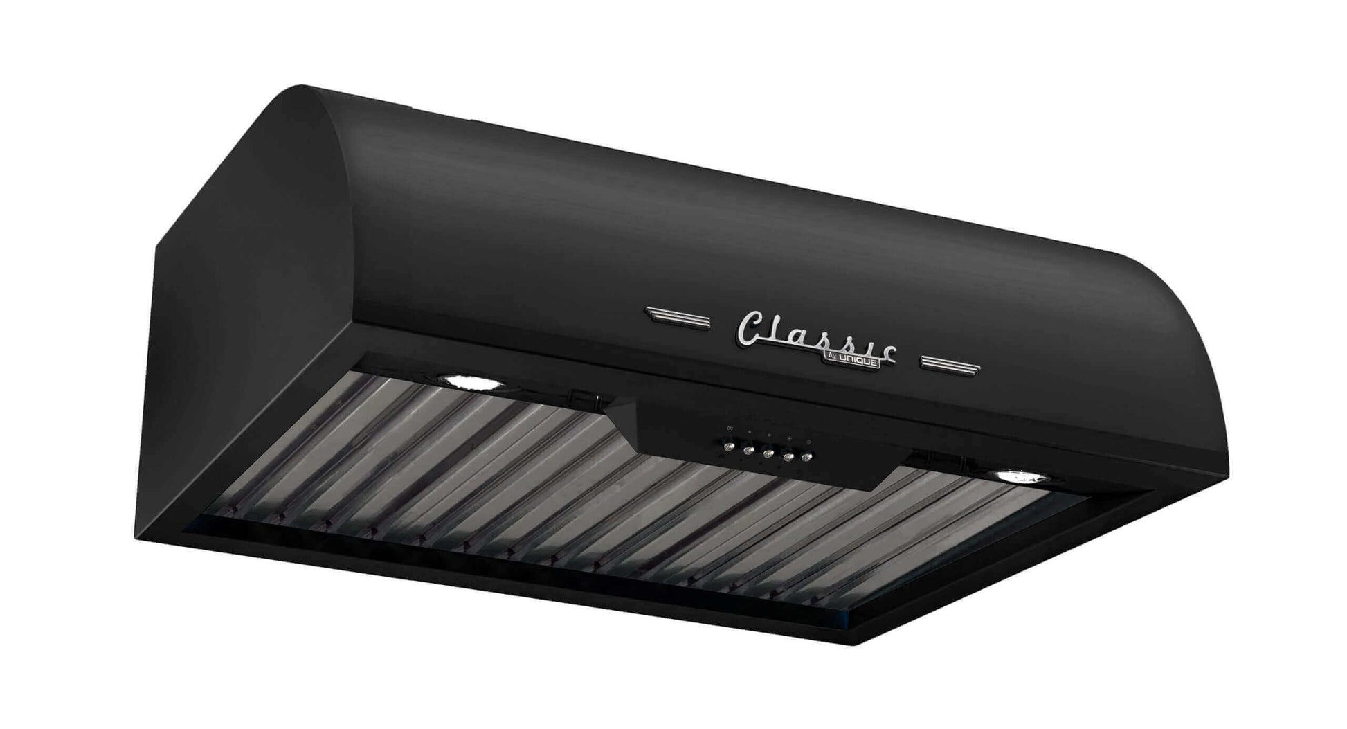 Classic Retro by Unique 24-inch range hood in black, 50s style with LED lights, perfect for cabin kitchen. Available at Cabin Depot.