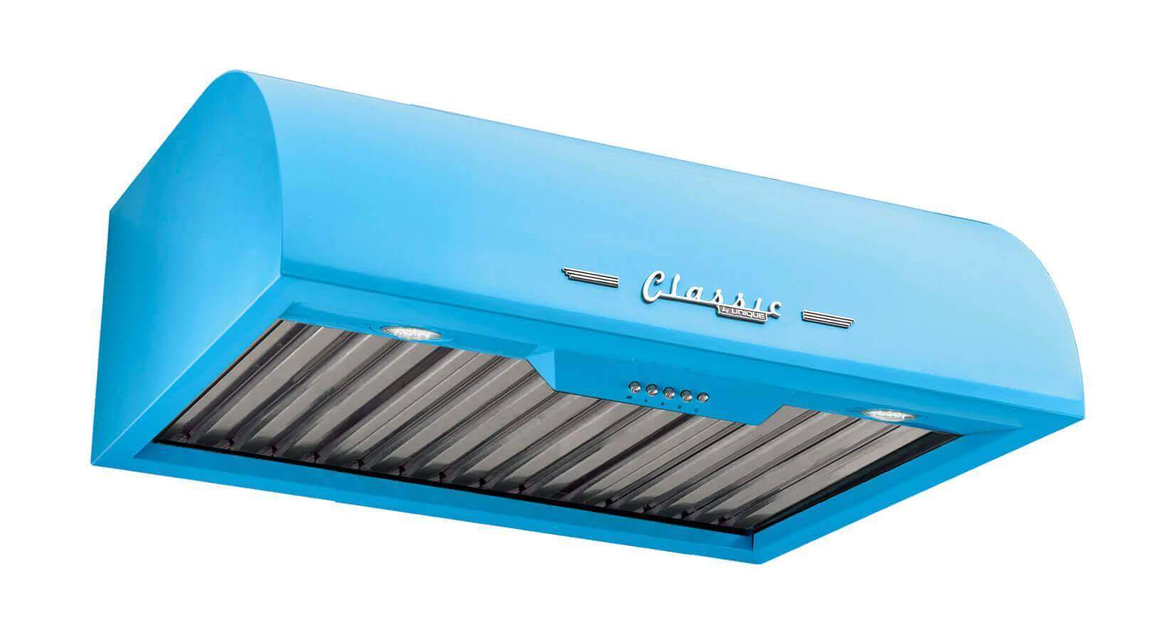 Unique 24" Classic Retro Range Hood in blue, featuring a 50s design, powerful motor, and LED lights, available at Cabin Depot for kitchens.