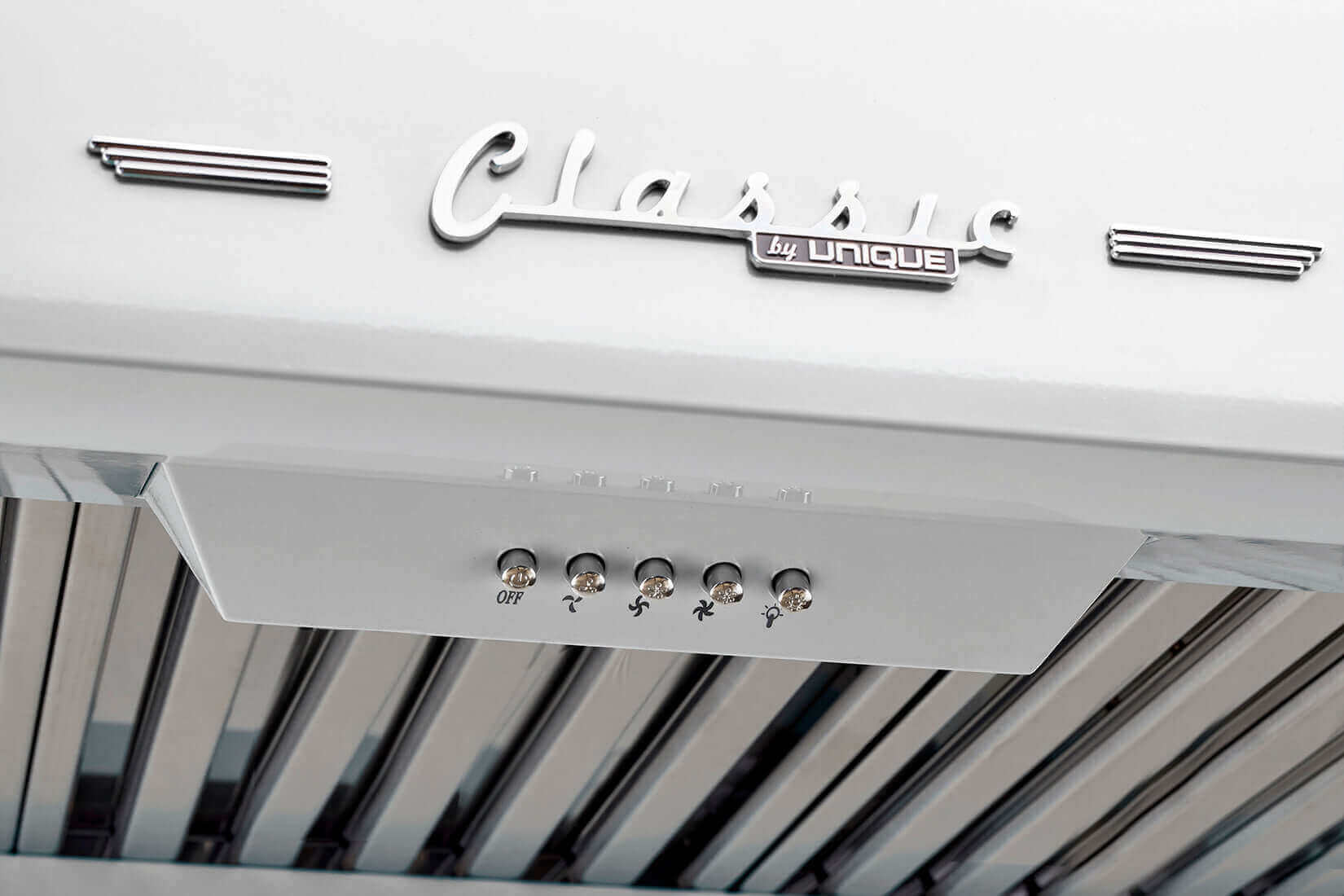 Close-up of Unique 24" Classic Retro Range Hood controls, perfect for a vintage cabin kitchen. Available at Cabin Depot. Retro 50s design.