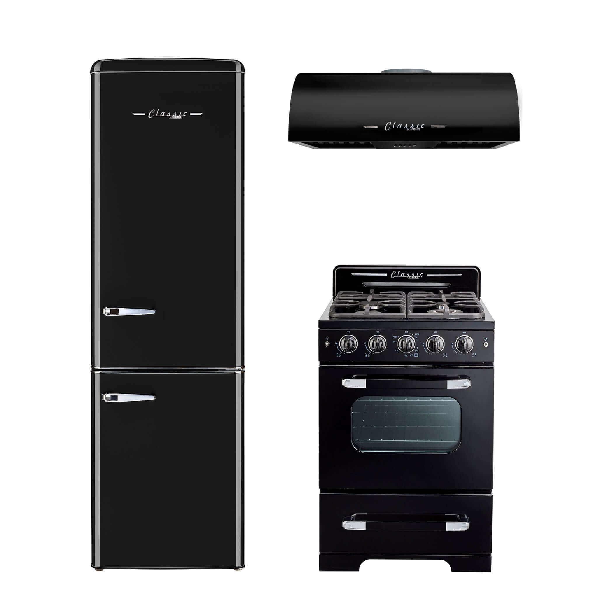 Unique 24" Classic Retro Range Hood and matching appliances in black, ideal for cabin kitchens | Cabin Depot