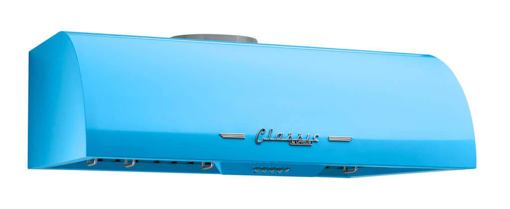 Unique 30" Classic Retro Range Hood, blue with chrome accents, features dual motors and LED lights, available at Cabin Depot.