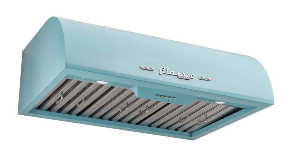 Unique 30" Classic Retro Range Hood in blue with chrome accents, featuring dual motors and LED lights, available at Cabin Depot.