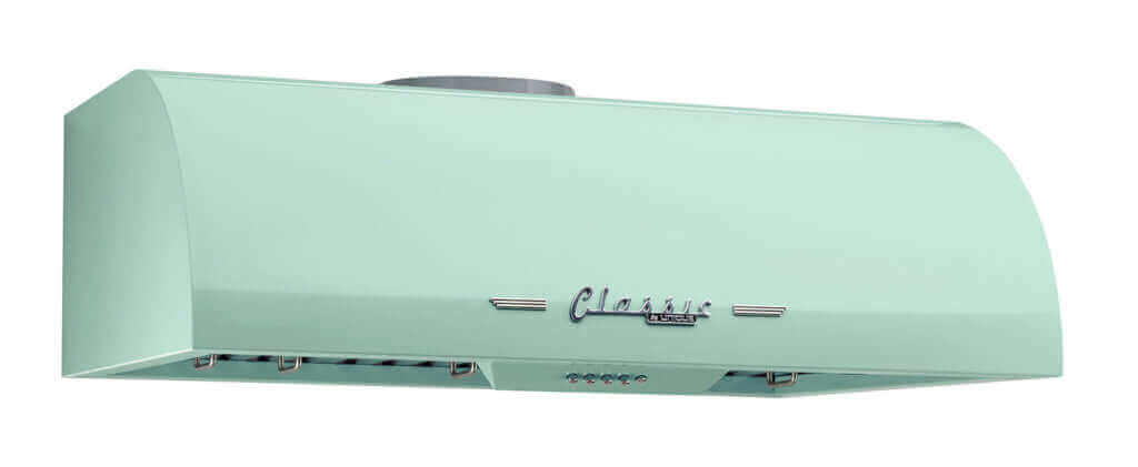 Classic Retro 30" Range Hood with Chrome Accents, available at Cabin Depot, in pastel green. Ideal for vintage kitchen aesthetics.