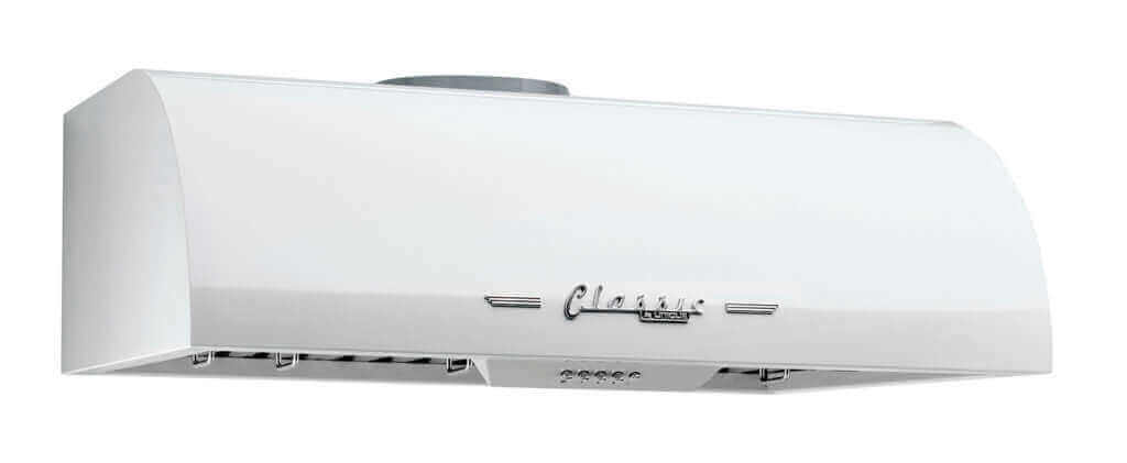 Unique 30" Classic Retro Range Hood with chrome accents, available at Cabin Depot, featuring dual motors and LED lights for efficient ventilation.