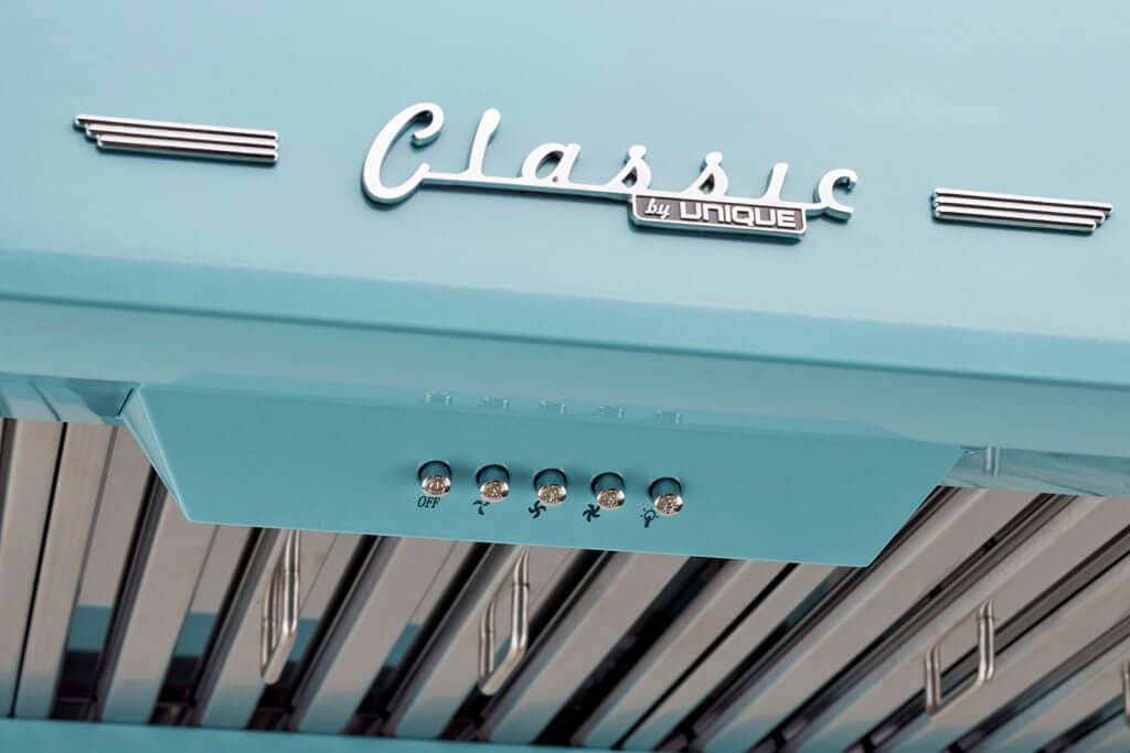 Classic Retro by Unique 30" Range Hood with chrome accents, available at Cabin Depot. Iconic 50's design with dual motors for ventilation.