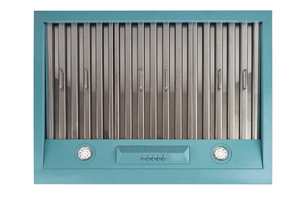 Unique 30" Classic Retro Range Hood in teal with chrome accents, available at Cabin Depot. Features dual motors and LED lights. Retro style.