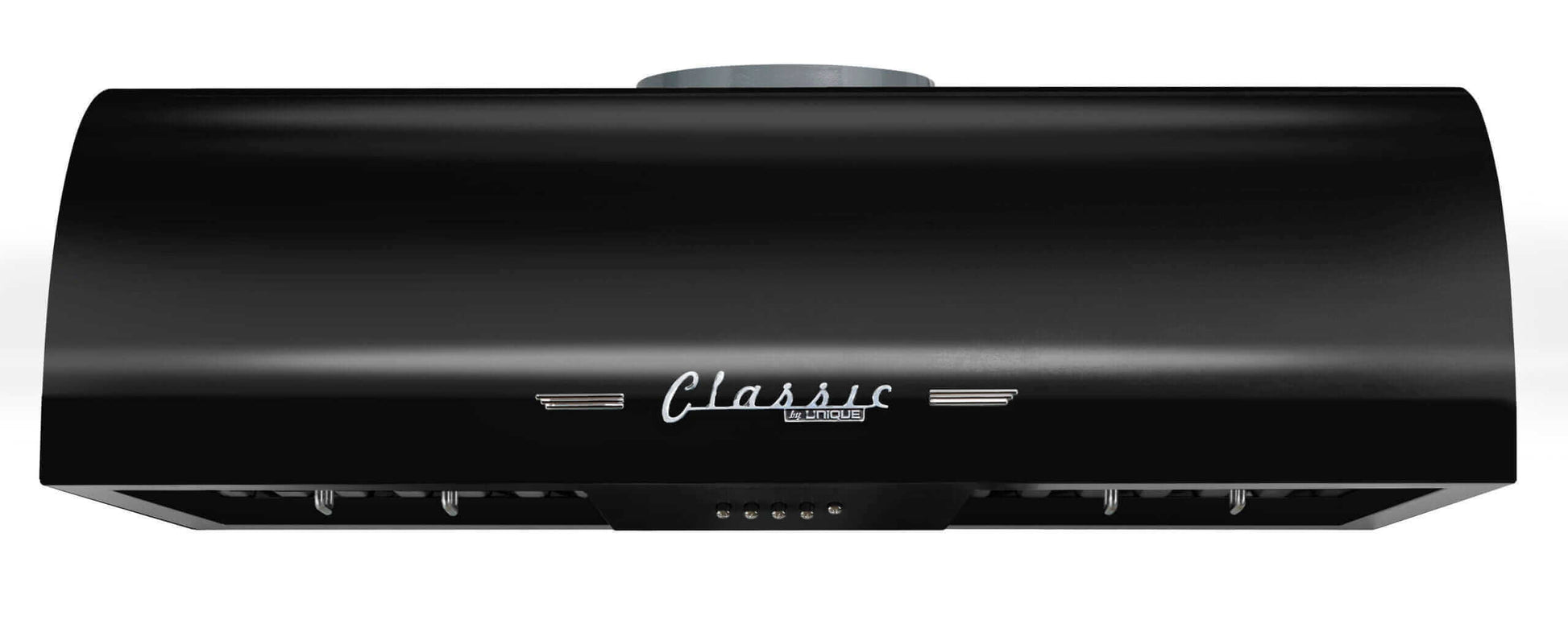 Classic Retro Range Hood 30 inch with chrome accents by Cabin Depot, featuring dual motors and LED lighting, black finish.