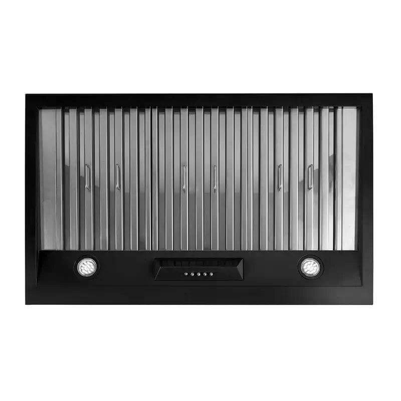 Unique 36" Classic Retro Range Hood in black with chrome accents, available at Cabin Depot. Features LED lights and powerful ventilation motors.