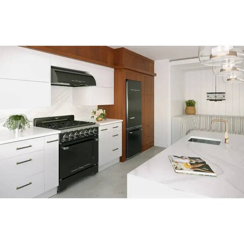 Stylish kitchen featuring Unique 36" Classic Retro Range Hood with chrome accents, paired with matching retro appliances from Cabin Depot.