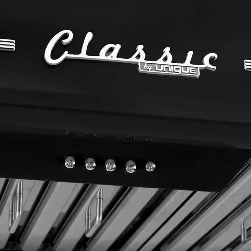 Unique 36" Classic Retro Range Hood with chrome accents, featuring vintage design from Cabin Depot for stylish kitchen ventilation.