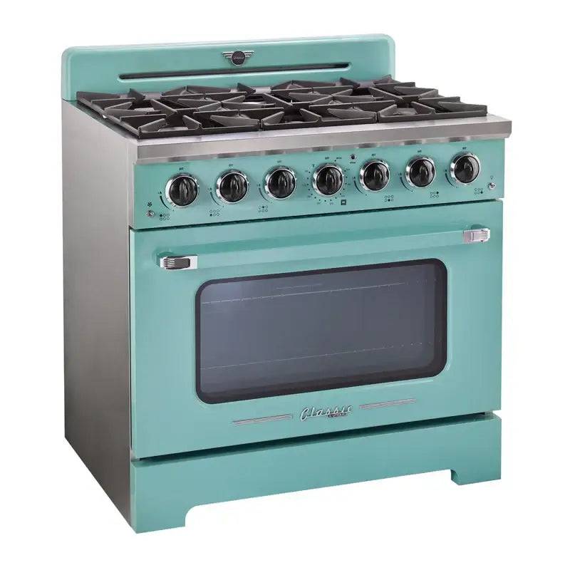 Unique 36" Classic Retro Convection Gas Range with Electronic Ignition, featured at Cabin Depot, in teal with chrome accents.