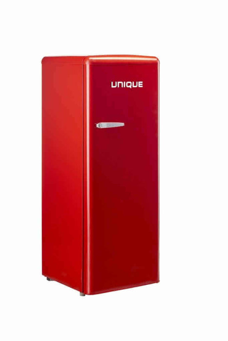 Unique 6 Cu/Ft Retro AC Upright All Freezer in red with chrome accents, available at Cabin Depot. ENERGY STAR Certified freezer.