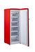 Unique 6 Cu/Ft Retro AC Upright All Freezer open with chrome accents, red finish, available at Cabin Depot, energy-efficient.